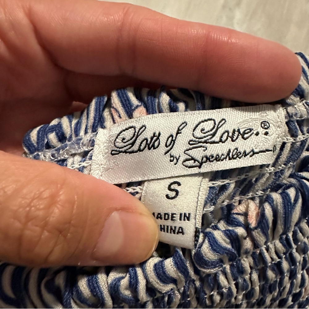 Lots of Love Blue Floral Striped Smocked Stretch Dress Sz S - Picture 2 of 7